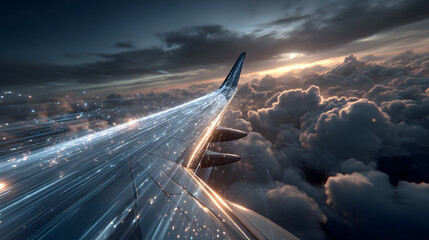 A futuristic, digitally enhanced airplane wing in flight, showcasing dynamic light trails and data streams against a cloudy sky.