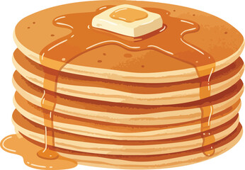 A tall stack of golden brown pancakes drizzled with syrup and topped with a pat of butter.