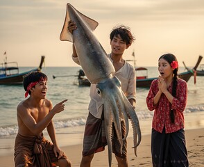 Excited Group Holding a Massive Squid on Tropical Beach