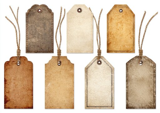Seven vintage-style blank paper tags with twine, various shapes and aged textures, isolated on white - Powered by Adobe