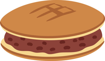 A vector illustration of a traditional Japanese dorayaki sweet with red bean paste filling, isolated on a white background.