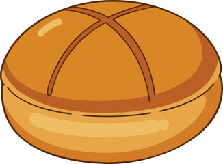 A simple, cartoon-style illustration of a golden-brown bread roll with a cross-shaped score on top.