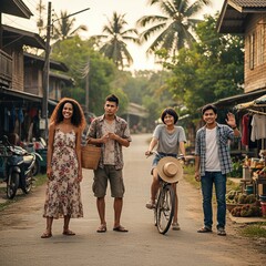 Four Friends on a Village Road with Bicycle and Baskets