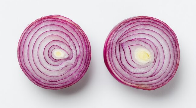 Two cross-sectioned red onions on white background, showcasing concentric rings and vibrant purple hues