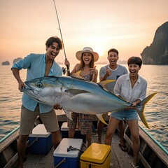 Excited Friends Catch a Huge Tuna on a Sunset Boat Trip