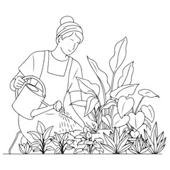 Woman Watering Potted Plants in a Garden - Line Art Illustration