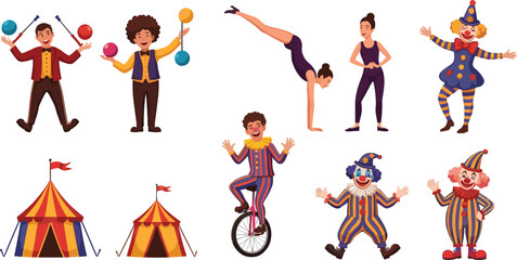 Circus performer, juggling act, clown illustration, gymnast pose, unicycle rider, circus tent, festive entertainment art