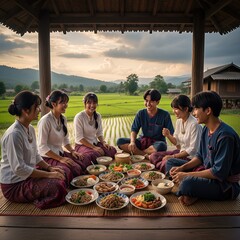 Group of Young People Eating Dinner with a View of the Rice Paddy