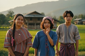 Three Thai Youngsters in Traditional Rural Clothing
