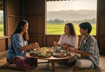 Three Friends Enjoying Lunch in a Country House with Field View