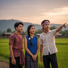 Group of Friends Admiring the View over the Rice Fields at Sunset