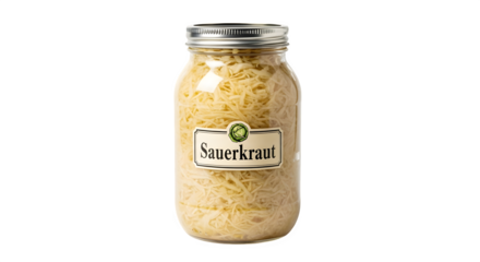 Jar of sauerkraut isolated on transparent background fermented cabbage in glass container with label, traditional german food, and probiotic ingredient