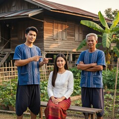 Grandfather and Son with Daughter in Traditional Farm Setting