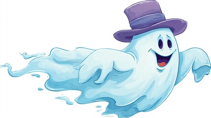 A cheerful, cartoon ghost with a top hat, its ethereal body trailing. Smiling with a red mouth and eyes