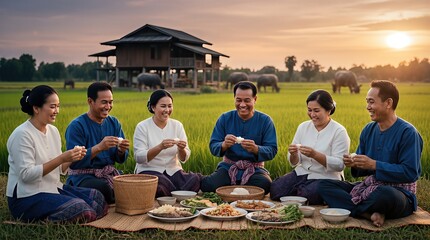 Group of Adult Friends Sharing a Traditional Meal in the Rice Paddy at Sunset
