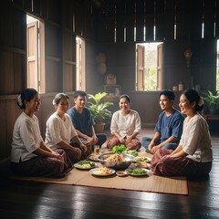Women and Man Preparing and Enjoying Som Tum in a Traditional Thai Home