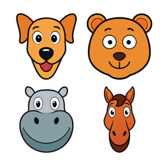 set of cartoon animals head. Cute Cartoon Animal Faces. Funny Vector Animal Heads.
