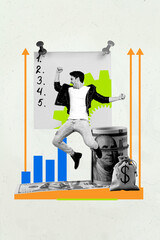 Vertical 3d poster design art pop collage of happy businesswoman businessman receive dollar roll bag capital income chart
