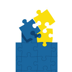 Fototapeta premium Completing the puzzle with vibrant yellow and blue pieces, symbolizing solution finding, teamwork, and strategic problem solving for business success
