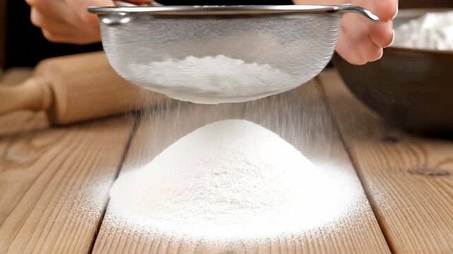 A woman sifts flour through a sifter, allowing flour to fall onto the table. The woman grips the sifter while ensuring the flour spreads evenly over the wooden table.