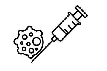 Medical syringe injecting into a microscopic virus cell representing vaccine development