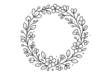 Elegant botanical circular border with delicate hand drawn flowers and leaves
