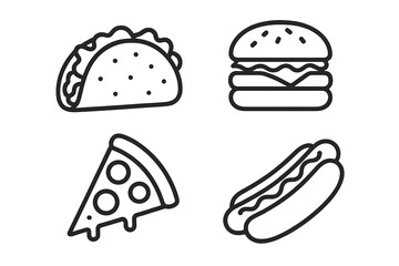Collection of popular fast food items including taco, burger, pizza, and hot dog icons