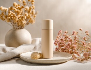 Beige cosmetic bottle on plate, flanked by dried flowers in soft light; minimalist aesthetic