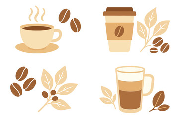 Stylized coffee beverages and coffee plant elements with cups, beans, and leaves