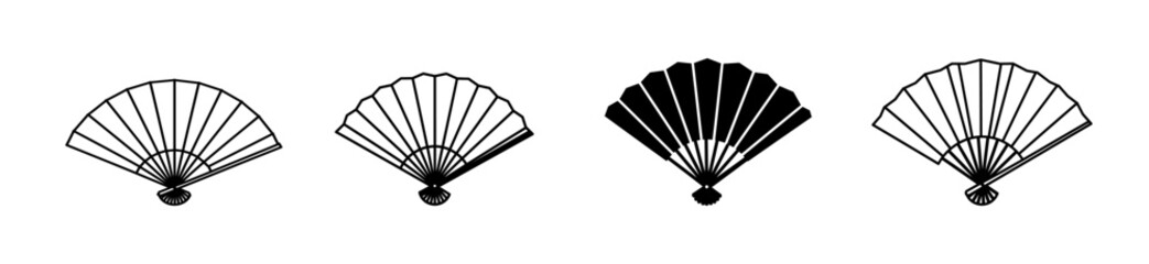 Set of four traditional Japanese folding fans, three outlined and one solid black, simple graphic design.