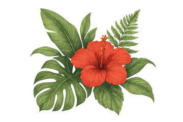 Vibrant red hibiscus flower with lush green tropical leaves botanical arrangement