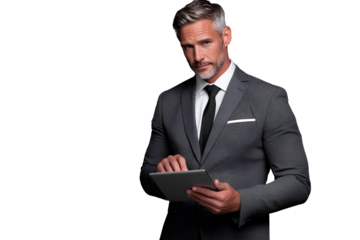 Business Executive in Gray Suit Holding Digital Tablet