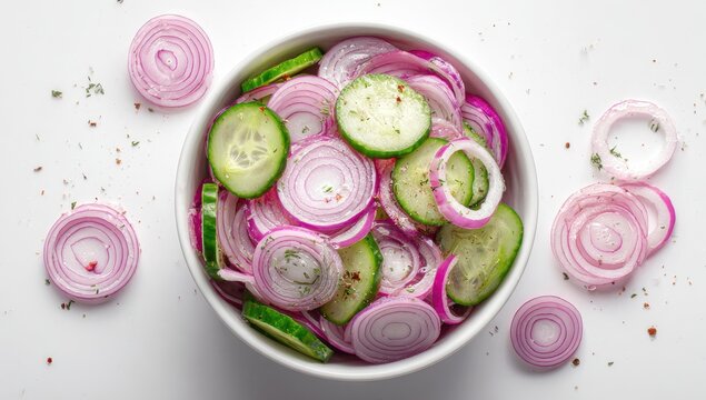 Overhead view of thinly sliced red onions and cucumbers in a white bowl, seasoned with herbs and spices, against a white background