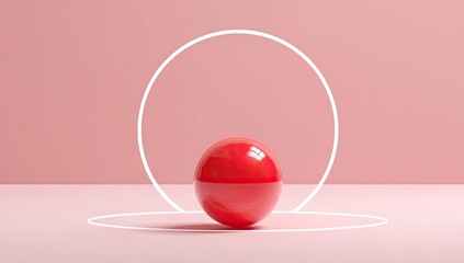 A glossy red sphere rests within two concentric white circles against a pale pink backdrop
