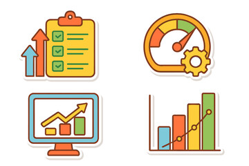 Business data analysis, performance optimization, and growth tracking icon set