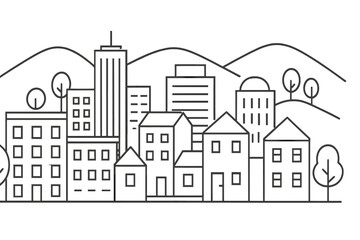 Modern city skyline with various buildings and natural landscape elements