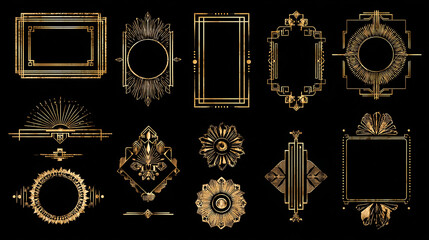 Elegant collection of luxurious gold art deco geometric frames and ornamental decorative elements, isolated on a dark background
