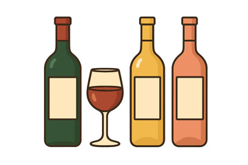 Assortment of wine bottles in various colors with a glass of red wine