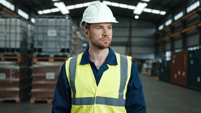 Determined Warehouse Worker in High-Visibility Gear Stands Amidst Industrial Storage