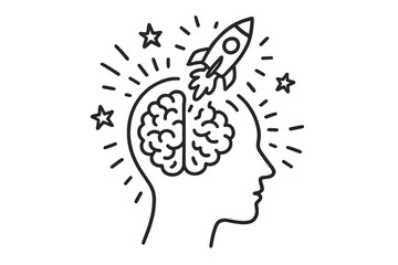 Human head with brain and rocket launching symbolizing creative ideas and innovation