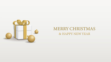3D gift box and golden balls with Merry Christmas & Happy New Year calligraphy graphic illustration have blank space.