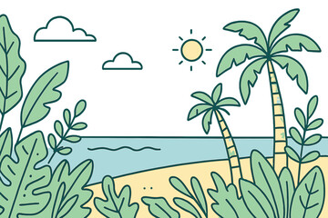 Tropical beach landscape with palm trees, ocean, and lush green foliage under a sunny sky