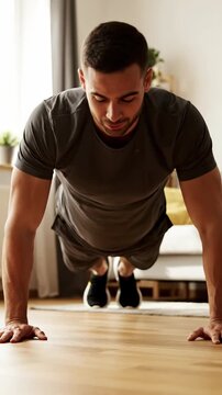 Energetic man performing pushups at home in a bright living room