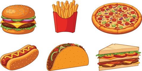 Fast food vector set with burger, pizza, taco, sandwich, fries, hotdog, cartoon style illustration
