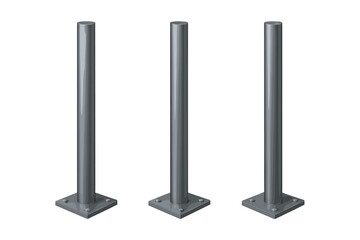 Three grey metal posts with square bolted bases for construction or urban design