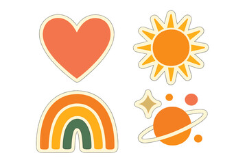 Colorful retro style heart sun rainbow and planet symbols with a nostalgic aesthetic
