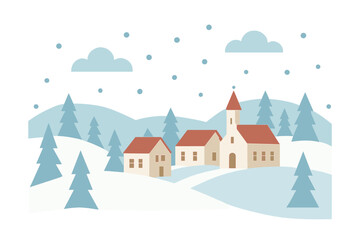 Charming winter village scene with houses, church, and pine trees in a snowy landscape