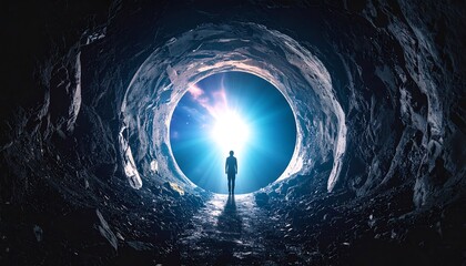 Person Walking Towards Bright Light in Tunnel Concept