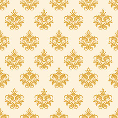 Golden damask pattern on a cream background, evoking a luxurious and classic feel, perfect for vintage-style decor, wallpaper, or print design.