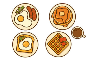 Delicious breakfast meal set with eggs, sausages, pancakes, waffles, and coffee